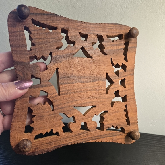 Handcrafted Carved Wooden Trivet With Floral Inlay - Picture 2 of 3